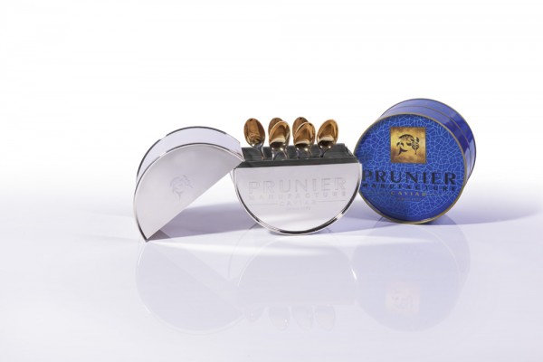 Robbe & Berking - Silberne Prunier Caviar Dose mit 6 Kaviarlöffel, teilweise vergoldet